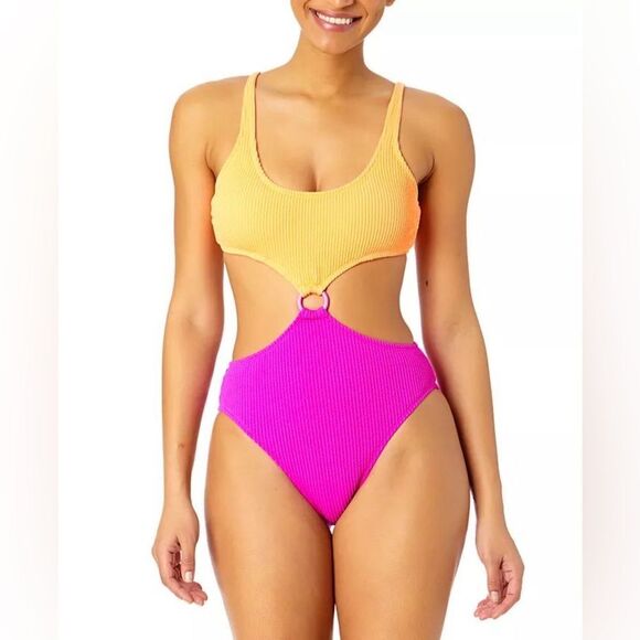 Salt + Cove Juniors' Colorblocked One-Piece Monokini, Peach Fuchsia - Picture 1 of 7